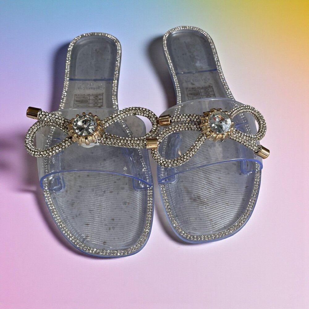 Lauren Lorraine Clear Rhinestone Bow Sandals Size 7 Glam‎ Princess Resort Party